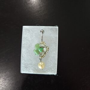 Green Floral Dangle Navel Ring with Pearl Drop